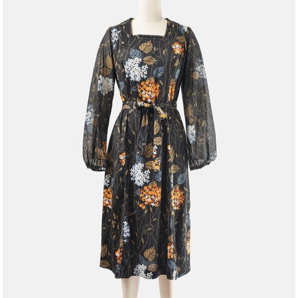 Vintage 70s Black Floral Leaf Print Sheer Sleeve Midi Dress with Tie Belt M - Picture 2 of 7
